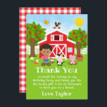 Cartão De Agradecimento Fazenda Red Birthday African American Boy<br><div class="desc">Este cartões de agradecimentos giro e divertido apresenta um cabeleireiro castanho com pele escura ao lado de um celeiro vermelho com uma vana de vento de galo. Há animais de fazenda adoráveis como uma vaca, porco e galinha. Ao fundo está um céu azul brilhante, macieiras, sol, borboletas e margaridas. O...</div>
