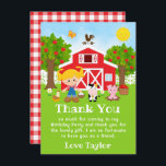 Cartão De Agradecimento Fazenda Red Birthday Blona Hair Girl<br><div class="desc">Este cartões de agradecimentos bonito e divertido apresenta uma cabeleira loira com pele justa ao lado de um celeiro vermelho com uma guinada de vento. Há animais de fazenda adoráveis como uma vaca, porco e galinha. Ao fundo está um céu azul brilhante, macieiras, sol, borboletas e margaridas. O texto combina...</div>