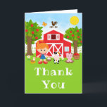Cartão De Agradecimento Fazenda Red Birthday Red Hair Girl<br><div class="desc">Este cartões de agradecimentos giro e divertido apresenta uma cabeleira vermelha com pele justa ao lado de um celeiro vermelho com uma guinada de vento de galo. Há animais de fazenda adoráveis como uma vaca, porco e galinha. Ao fundo está um céu azul brilhante, macieiras, sol, borboletas e margaridas. O...</div>