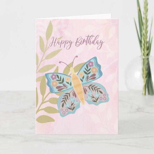 Cartão De Agradecimento Feliz Aniversário Boho Azul e Borboleta Amarela (Frente)