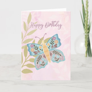 Cartão De Agradecimento Feliz Aniversário Boho Azul e Borboleta Amarela
