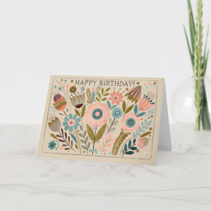 Cartão De Agradecimento Feliz Aniversário Cheery Gouache Folk Art Floral