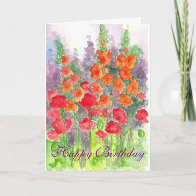 Cartão De Agradecimento Feliz aniversario da aguarela da flor de Gladiola (Frente)