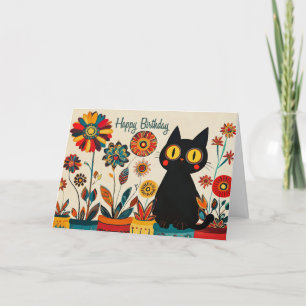 Cartão De Agradecimento Feliz Aniversário Negro Gato com Flores