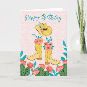 Cartão De Agradecimento Feliz Aniversário Painterly Gouache Cowgirl Boots 