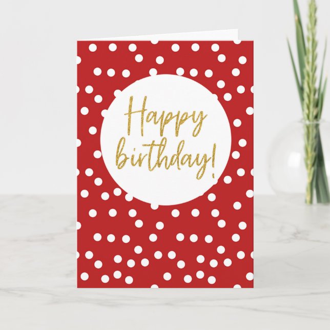 Cartão De Agradecimento Feliz Aniversário Vermelho Polkadot - Letra Dourad (Frente)