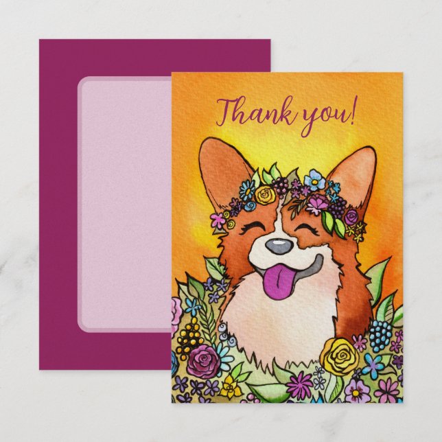 Cartão De Agradecimento Feliz Corgi Com Flores (Frente/Verso)