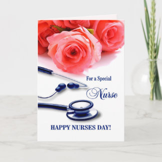 Cartão De Agradecimento Feliz Dia das Enfermeiras. Rosas e placa de esteto