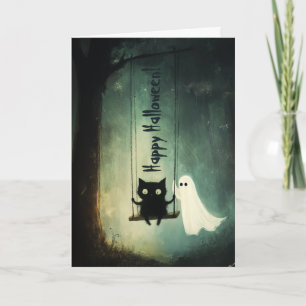 Cartão De Agradecimento Feliz Fantasma do Halloween e Gato no Swing