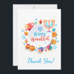 Cartão De Agradecimento Feliz Festa de Chanucá, Belo Decoração, Judeu<br><div class="desc">Obrigado! Festival de decoração de Luzes Judias Feliz de Festa Chanucá. Antecedentes judaicos Holiday Hanukkah com símbolos tradicionais Chanukah - sonhos de madeira (rodando no topo), rosquinhas, menorah, velas, estrela de David e luzes brilhantes, confetti, luzes brilhantes, vintage, fundo branco. Modelo de texto personalizado. Decoração de Eventos do Festival de...</div>