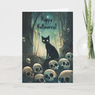 Cartão De Agradecimento Feliz Gato de Halloween entre Skulls