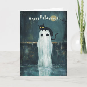 Cartão De Agradecimento Feliz Halloween Cat e Fantasma na Piscina