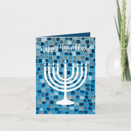 Cartão De Agradecimento Feliz Hanukkah Menorah Blue Mosaic Ornaic Card