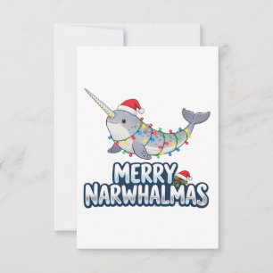 Cartão De Agradecimento Feliz Narwhalmas Usando um Chapéu de Papai Noel Na