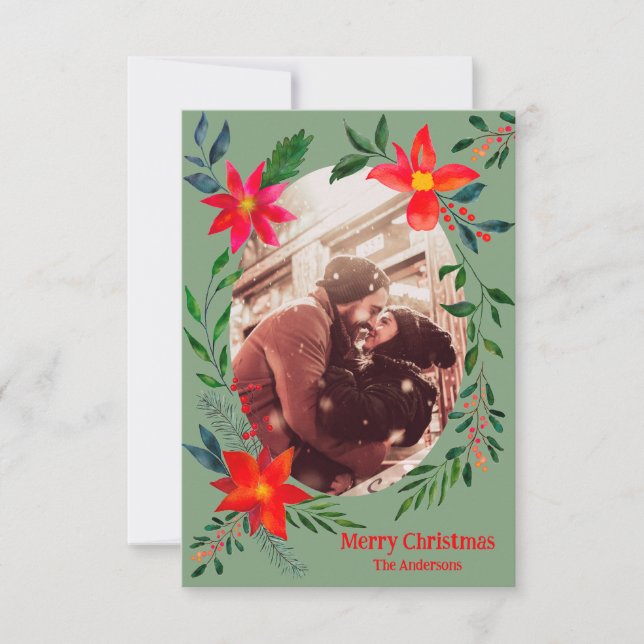 Cartão De Agradecimento Feliz Natal 1 Foto Aquarela Floral Feriado (Frente)