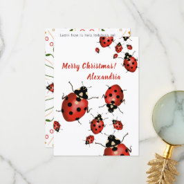 Cartão De Agradecimento Feliz Natal Joaninha Vermelha e Preta em Branco