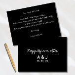 Cartão De Agradecimento Feliz Nunca Após Monograma Branco Preto<br><div class="desc">Personalize este casamento elegante, graças a cartões com um design simples e minimalista. Uma elegante tipografia branca, "feliz para sempre", seguida por uma letra sans serif simples e moderna para as recém-casadas monogramas e data de casamento, sobre fundo preto sofisticado e tradicional. Obrigado personalizável para comemorar nossa mensagem de casamento...</div>
