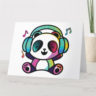 Cartão De Agradecimento Feliz Panda com fones de ouvido ouvindo música.