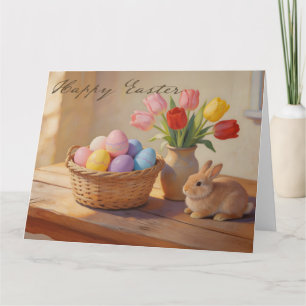 Cartão De Agradecimento Feliz Páscoa com Ovos Coloridos e Tulipas