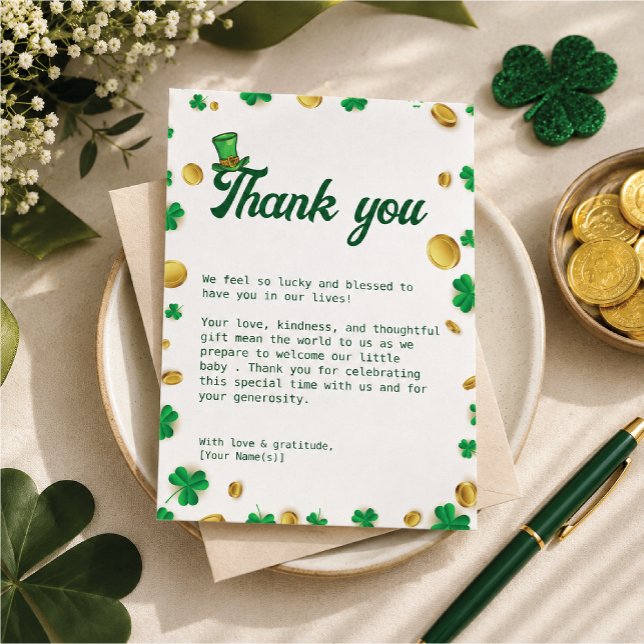Cartão De Agradecimento Feliz Pequeno – Chuvada de Bebê do Dia de São Patr (A heartfelt thank you wrapped in lucky shamrocks and golden charm.  Perfect for celebrating )
