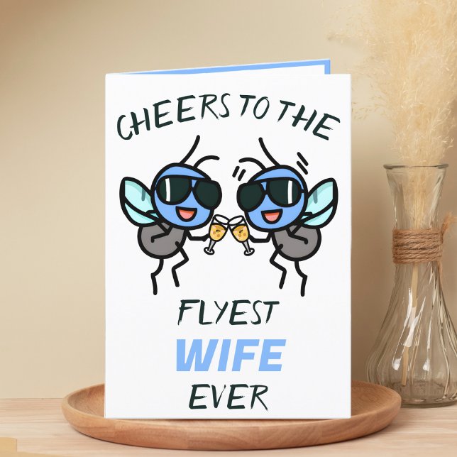 Cartão De Agradecimento Feliz Voo Engraçado Joga Saúde à Mulher Feliz Aniv (funny cheers to the flyest wife birthday card with two flies wearing sunglasses giving a toast)