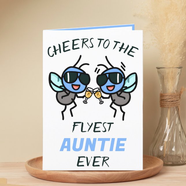 Cartão De Agradecimento Feliz Voo Engraçado Joga Saúde para Tia Feliz Aniv (funny cheers to the flyest aunt birthday card with two flies wearing sunglasses giving a toast)