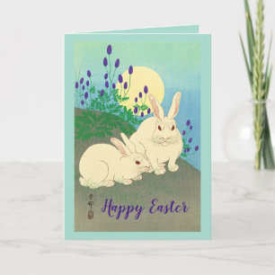 Cartão De Agradecimento felz pascoa Coelhos Flores Azul-Lua