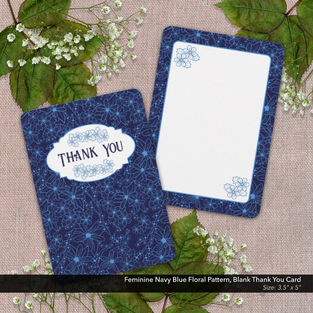 Cartão De Agradecimento Feminine Navy Blue Floral Pattern, Blank (Blank Thank You Card with Feminine Navy Blue Floral Pattern.)