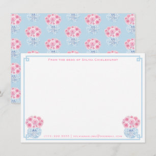 Cartão De Agradecimento Feminino Rosa Azul Dupla Felicidade Chinoiserie