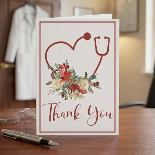 Cartão De Agradecimento Feriado Cardíaco do Red Floral Stethoscope Obrigad