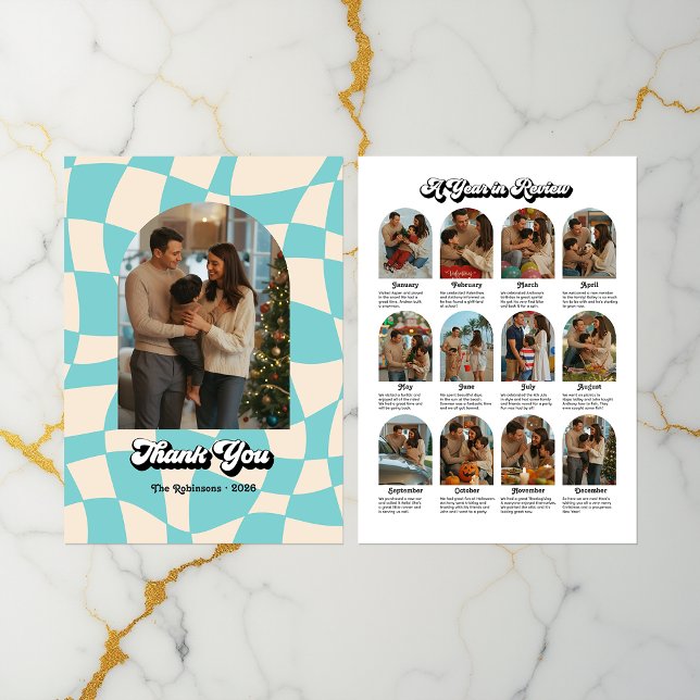 Cartão De Agradecimento Feriado do ano em revisão (Retro "Year in Review" Holiday Thank You Card)