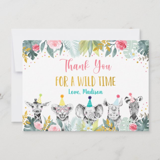 Cartão De Agradecimento Festa Animal Rosa Dourado Safari Aniversário Obrig (Frente)