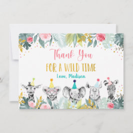 Cartão De Agradecimento Festa Animal Rosa Dourado Safari Aniversário Obrig