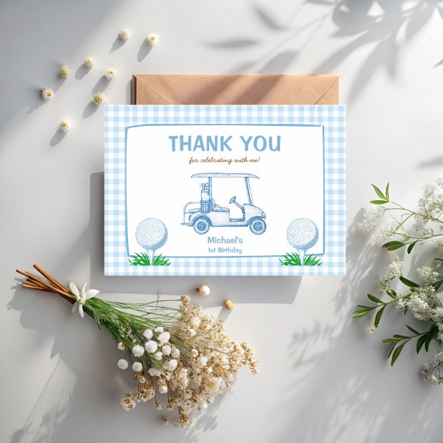 Cartão De Agradecimento Festa de 1º aniversário azul xadrez Hole in one (Hole in one blue gingham golf 1st birthday party thank you cards golf party supplies)