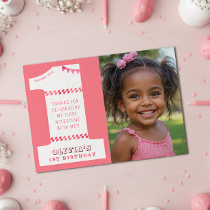 Cartão De Agradecimento Festa de 1º Aniversário Meninas Rosa Uma Foto