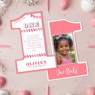 Cartão De Agradecimento Festa de 1º Aniversário Meninas Rosa Uma Foto