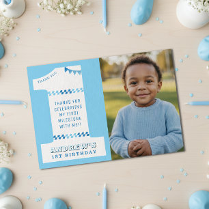 Cartão De Agradecimento Festa de 1º Aniversário Meninos Azul Uma Foto
