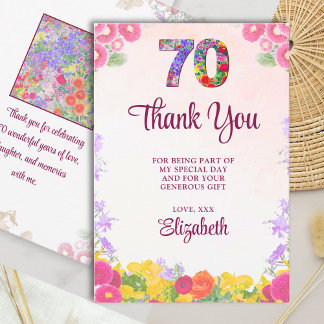 Cartão De Agradecimento Festa de 70 Anos Elegante com Flores / 70 Anos