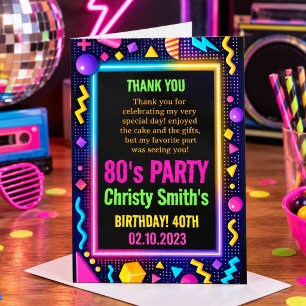 Cartão De Agradecimento Festa de Aniversário Adulto Retro Neon 80