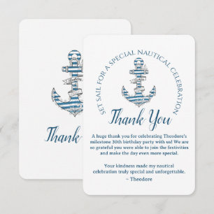 Cartão De Agradecimento Festa de Aniversário com Listras Náuticas e Âncora