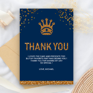 Cartão De Agradecimento Festa de Aniversário Coroa Real Príncipe Dourado A