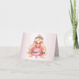 Cartão De Agradecimento Festa de Aniversário da Princesa Rosa Aquarela Fof