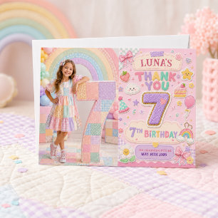 Cartão De Agradecimento Festa de Aniversário de 7 Anos Menina Arco-Íris Pa