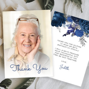 Cartão De Agradecimento Festa de Aniversário de 80 anos Foto Floral Azul P