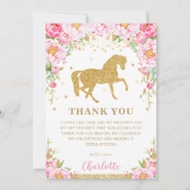 Cartão De Agradecimento Festa de Aniversário de Cavalo com Brilho Dourado 