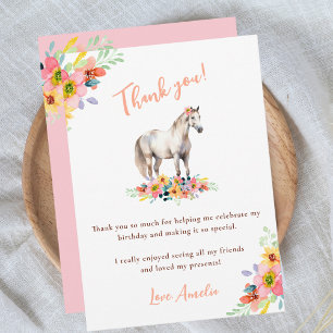 Cartão De Agradecimento Festa de Aniversário de Cavalo Floral Pônei Rosa