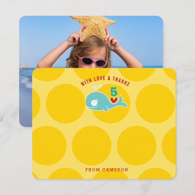 Cartão De Agradecimento Festa de Aniversário de Criança com Baleia Cartoon (Frente/Verso)