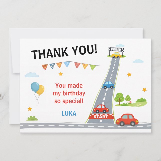 Cartão De Agradecimento Festa de Aniversário de Crianças Corrida de Carros (Frente)