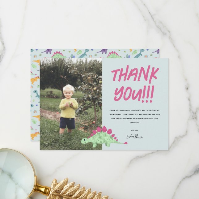 Cartão De Agradecimento Festa de Aniversário de Crianças Meninos Dinossaur (Frente/Verso In Situ)