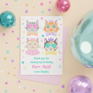 Cartão De Agradecimento Festa de Aniversário de Gatinho Felino Rosa Fofa e